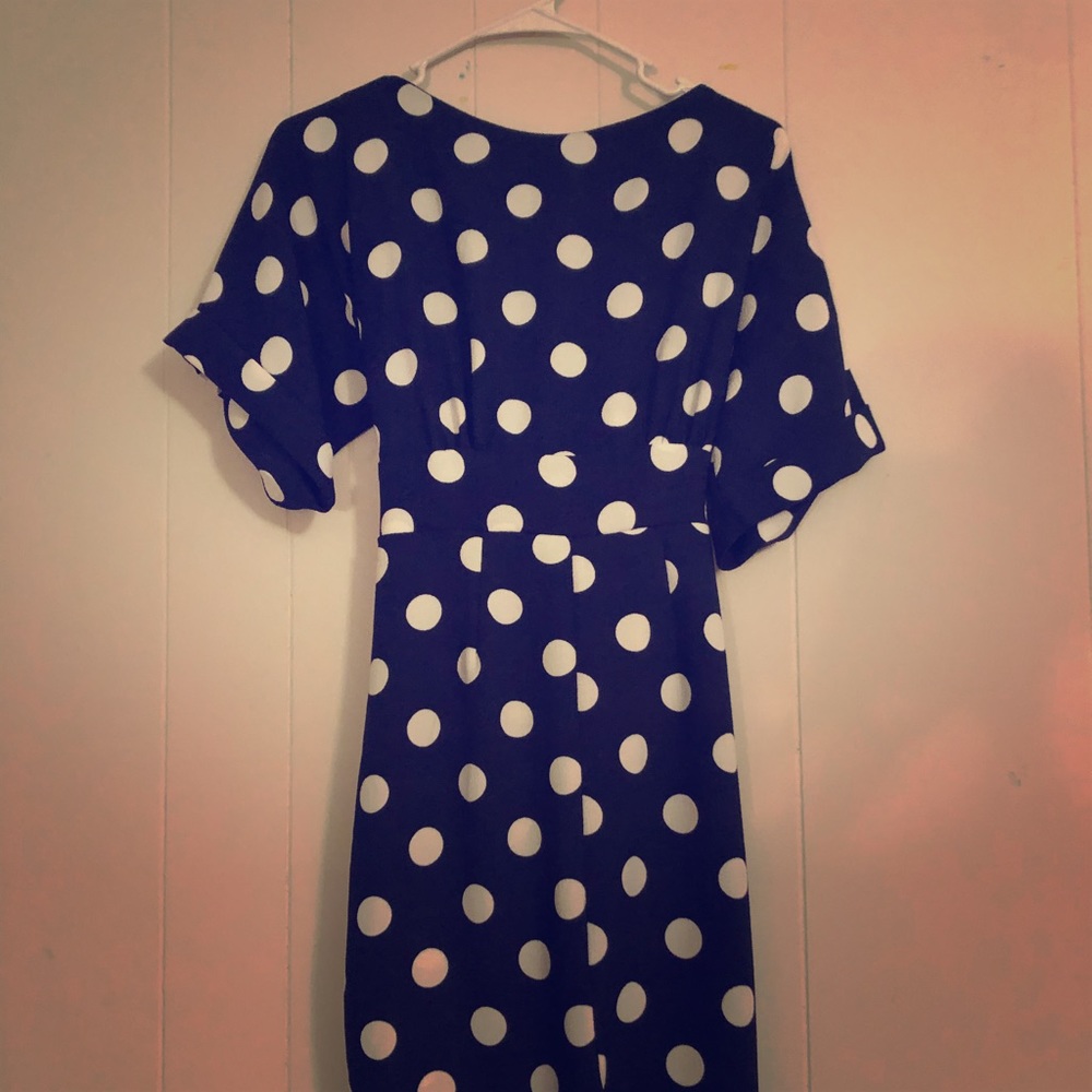 Navy and white polka dot dress w/tie on back